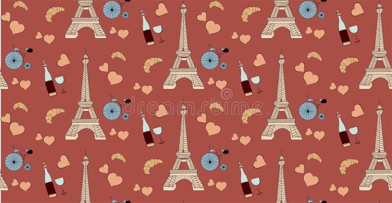 Seamless pattern with paris elements, eiffel tower bottle of wine heart and bicycle vector illustration Seamless pattern with paris elements, eiffel tower bottle of wine heart and bicycle vector illustration