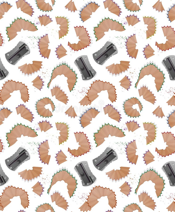 Seamless pattern with pencil shavings, realistic sharpener and a graphite isolated on white background, cover for your