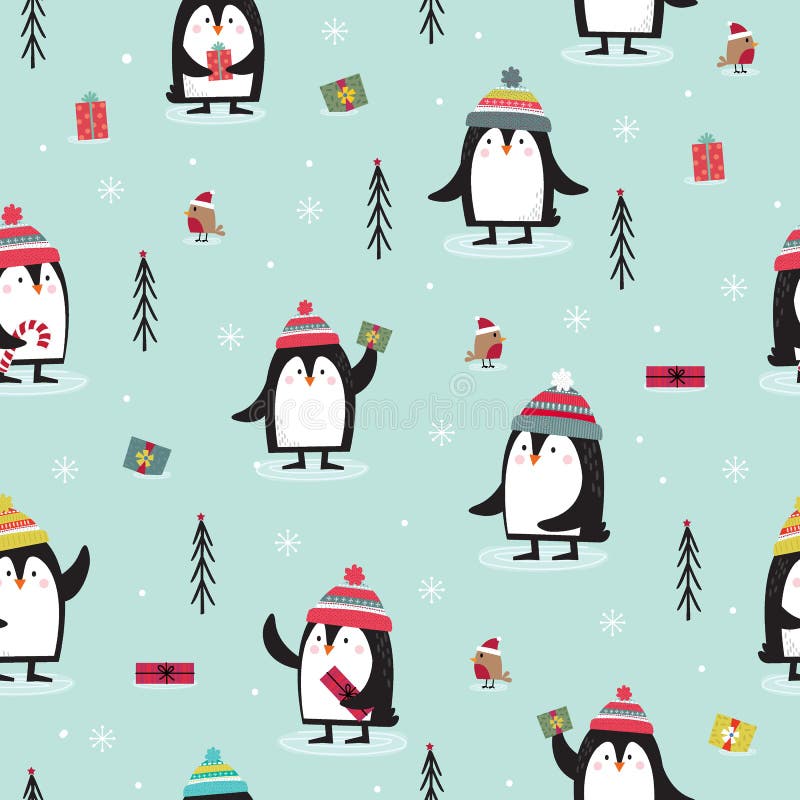 Seamless pattern with Penguin, Robin, gift and Christmas tree in blue background vector illustration Seamless pattern with Penguin, Robin, gift and Christmas tree in blue background vector illustration