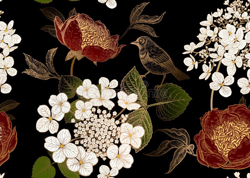 Seamless pattern with peonies, hydrangea flowers and small birds. Vector background stock illustration