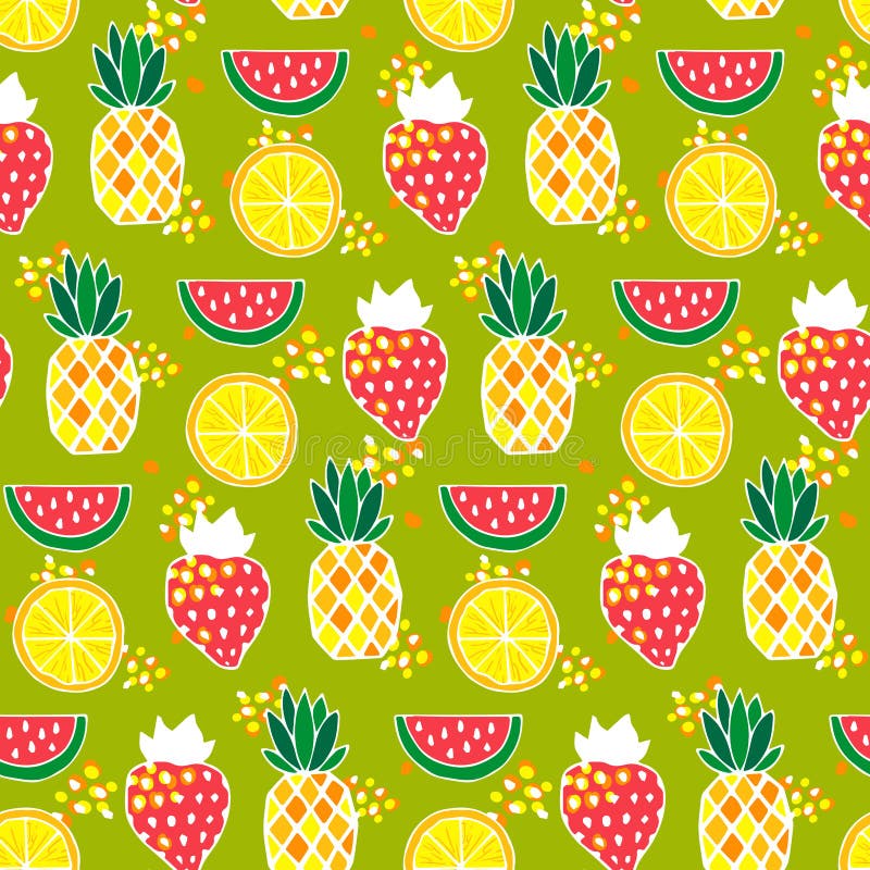 Seamless pattern with pineapples, strawberries, watermelons vector illustration