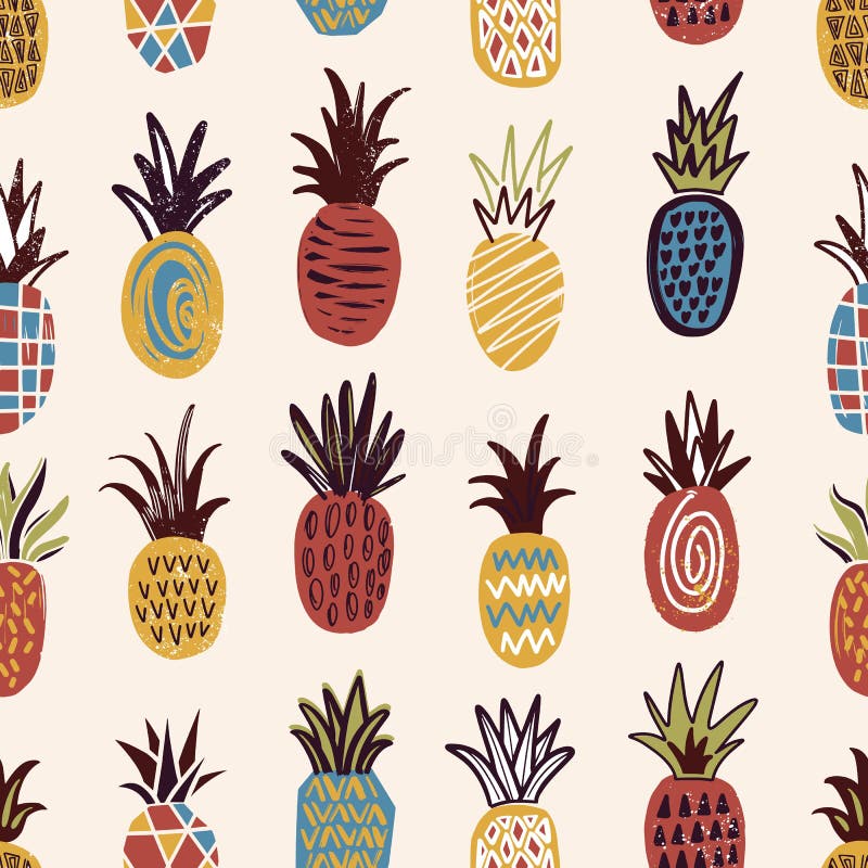 Seamless pattern with pineapples of various color and texture on light background. Backdrop with exotic tropical ripe stock illustration Seamless pattern with pineapples of various color and texture on light background. Backdrop with exotic tropical ripe stock illustration