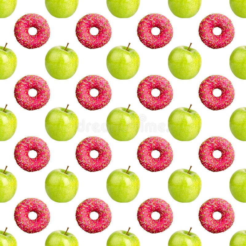 Seamless pattern pink donuts and green apples isolated, white background, healthy food vs junk food concept, cakes or fruits diet