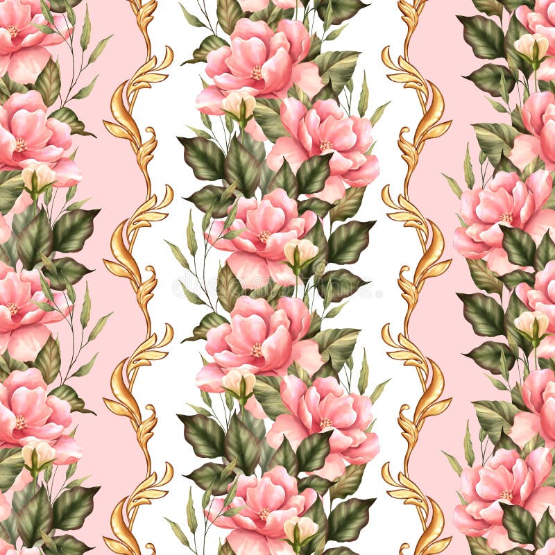 Seamless pattern with pink flowers. Floral background with decorative border