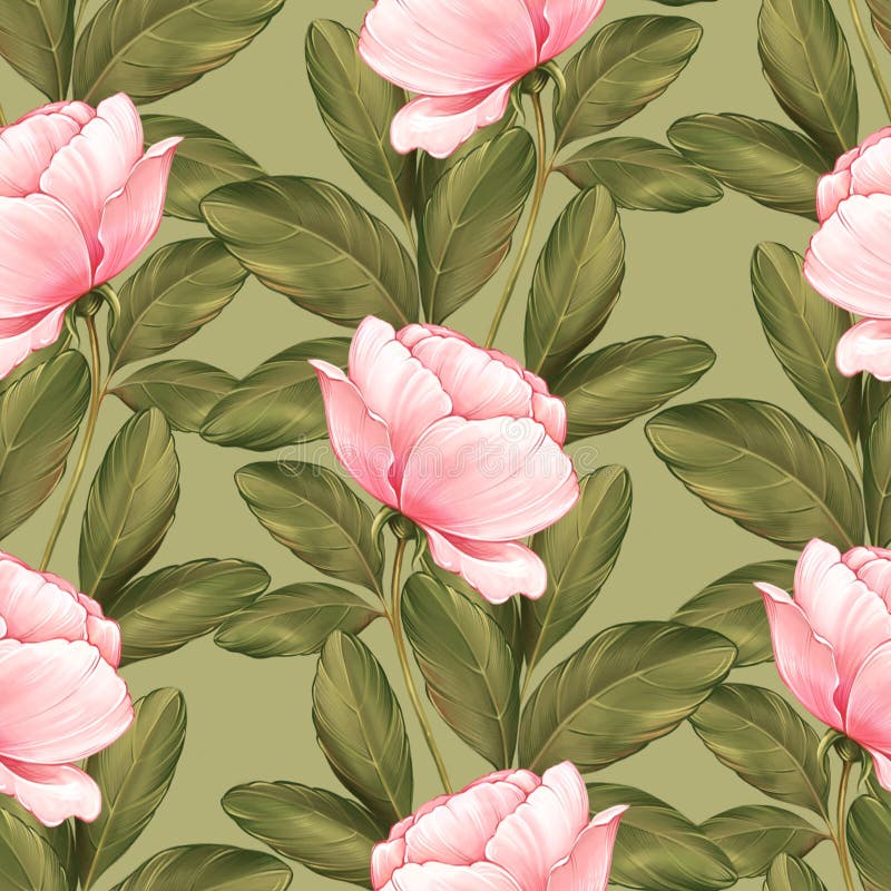 Seamless Pattern of Pink Flowers and Green Leaves. Floral Background