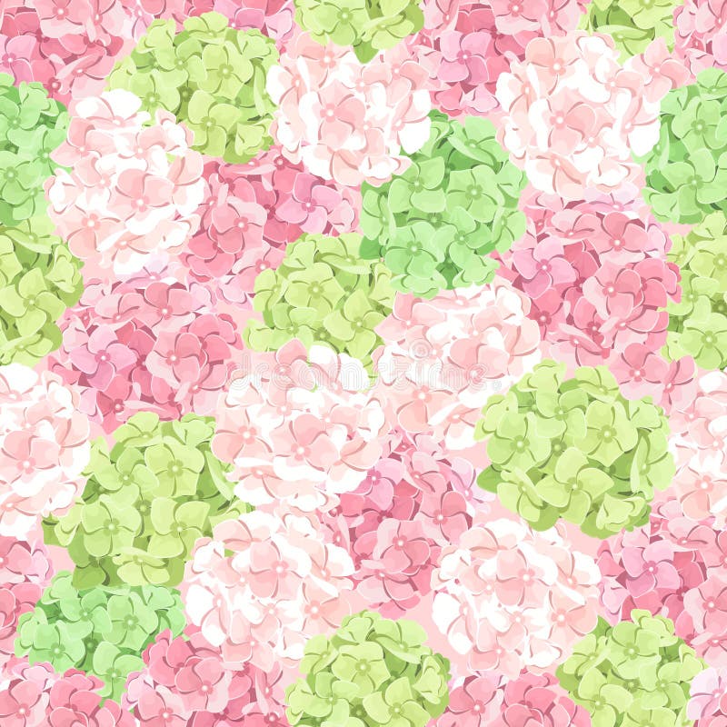 Seamless pattern with pink and green hydrangea flowers. Vector illustration.