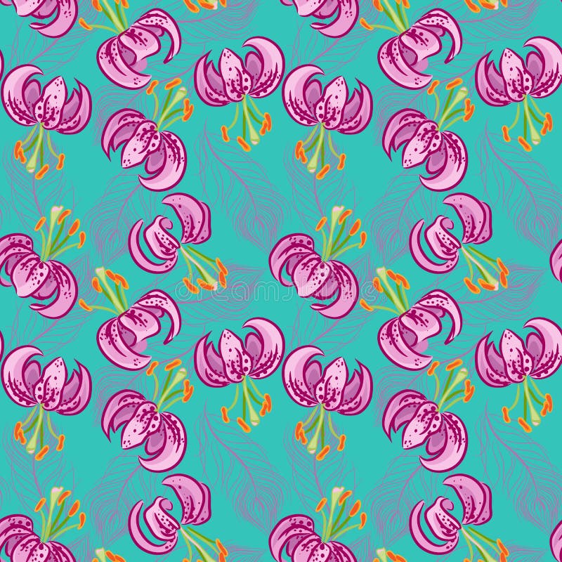 Seamless pattern with pink lily and feathers