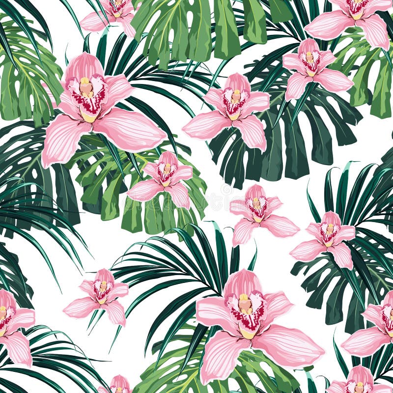 Seamless pattern of pink orchid flower and tropical leaves on white background. royalty free illustration