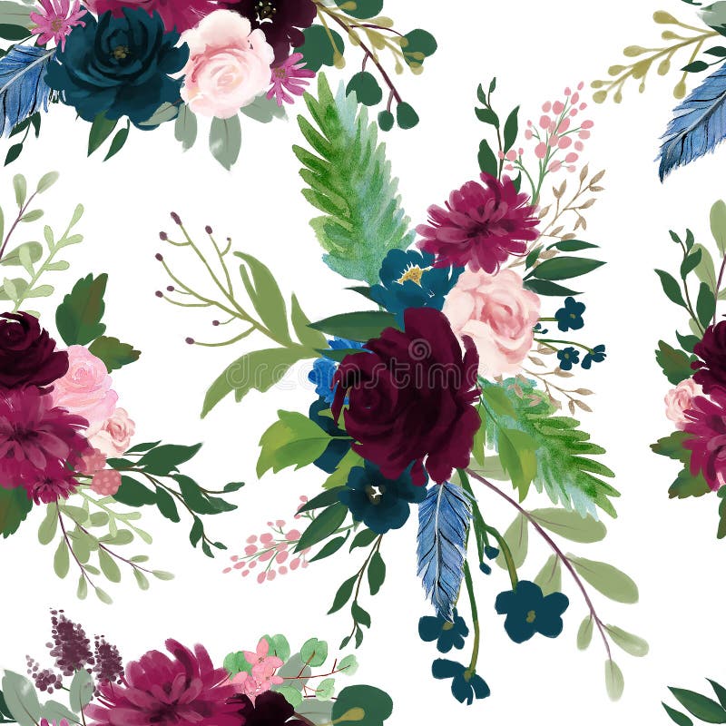 Seamless Pattern with Pink Red Burgundy Marsala Navy Blue Flowers and  Leaves Floral Feathers Pattern for Wallpaper Stock Illustration -  Illustration of card, feather: 152804460