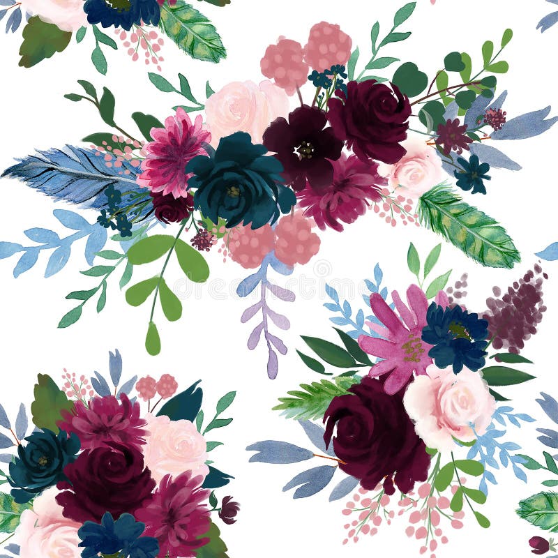 Seamless Pattern with Pink Red Burgundy Marsala Navy Blue Flowers and  Leaves Floral Feathers Pattern for Wallpaper Stock Illustration -  Illustration of hand, background: 152804173