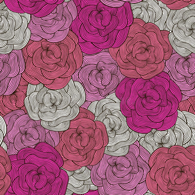 Seamless Pattern of Pink Roses in the Style of Doodle Stock Vector