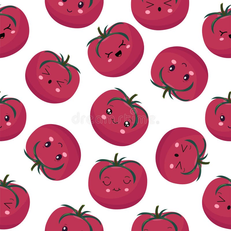 Seamless pattern of pink tomatoes in the style of kawaii. Vector illustration on white