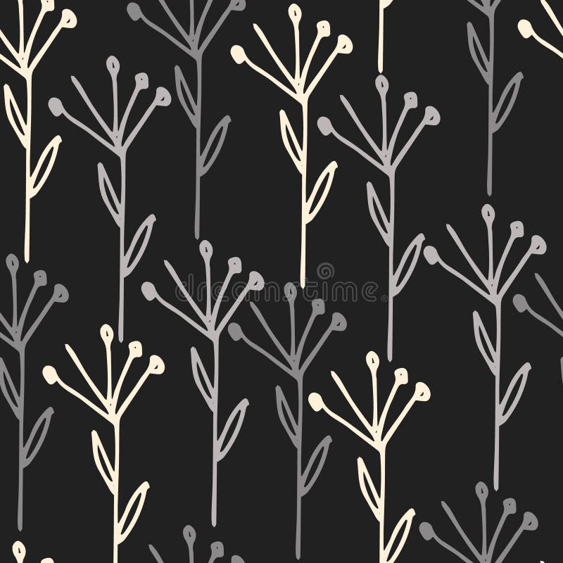 Seamless Black and White Pattern with Hand Drawn Dried Flowers for