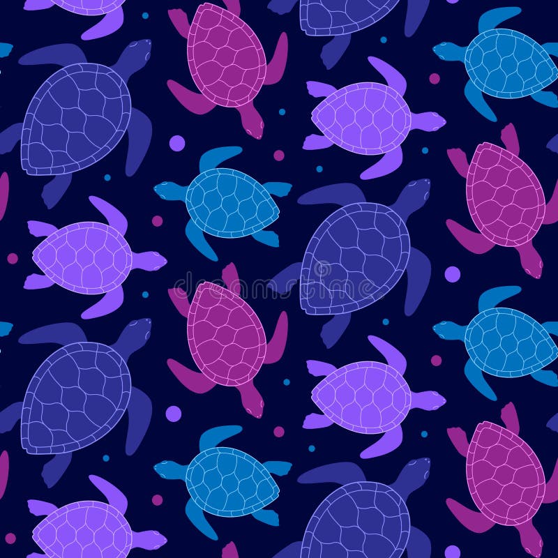 Seamless Pattern. Print of Pink, Purple, Blue Turtles on Dark ...