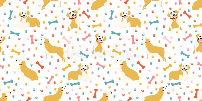 Seamless pattern with puppies. Pets digital paper. Pattern for children`s textiles and clothing. DOGS LABRADOR FIGURE. Vector