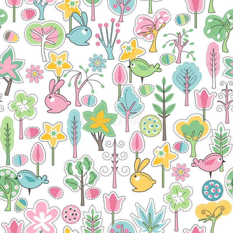 Seamless pattern with rabbits and spring trees