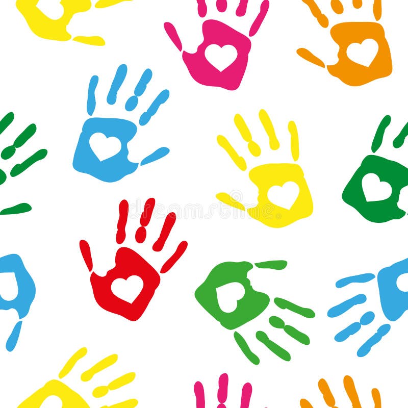 Seamless pattern with rainbow colored hand prints with white hearts vector illustration
