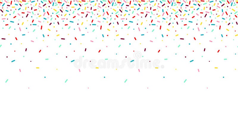Seamless pattern with rainbow, falling decorative sprinkles banner background. Vector donut glaze pastry elements vector illustration