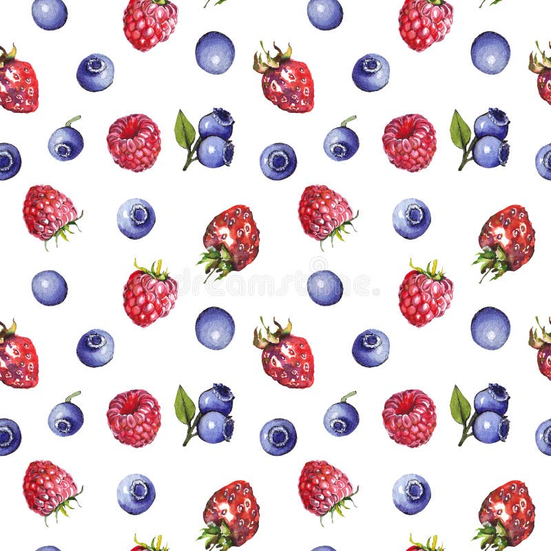 Watercolor Blueberry, Strawberry And Raspberries Seamless Pattern On