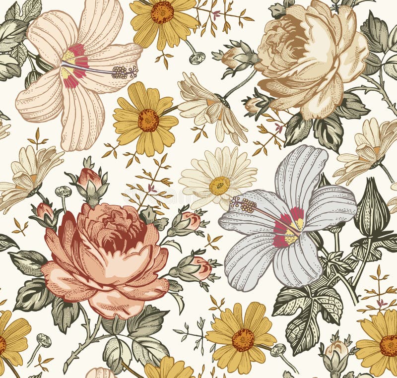 Seamless pattern. Realistic isolated flowers. Vintage background. Chamomile Rose hibiscus mallow wildflowers. royalty free illustration