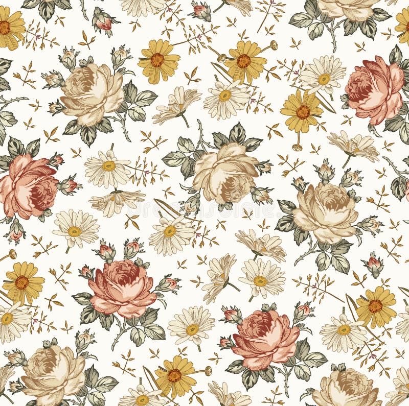 Seamless pattern realistic isolated flowers Vintage background Chamomile Rose Drawing engraving Vector fabric illustration Daisies