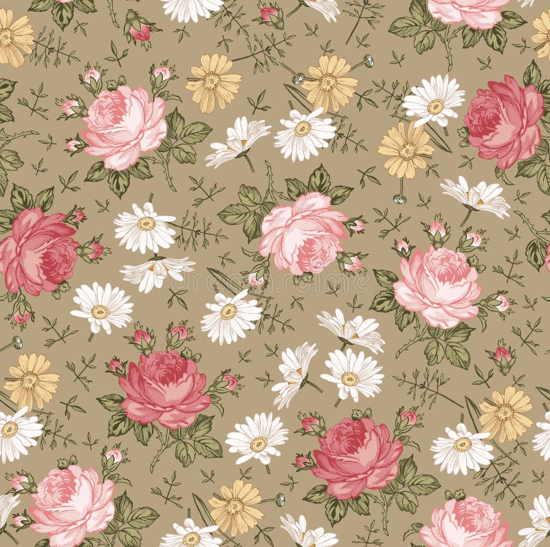 Seamless pattern realistic isolated flowers Vintage background Chamomile Rose Drawing engraving Vector fabric illustration Daisies