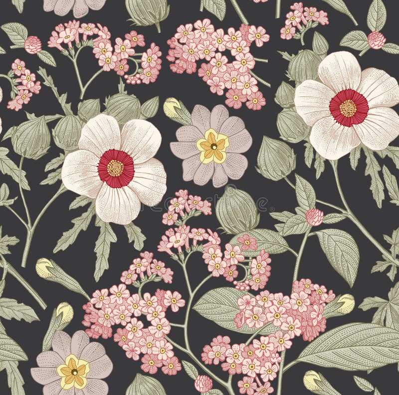 Seamless pattern. Realistic isolated flowers. Vintage background heliotrope hibiscus primavera hibisc Drawing engraving Vector stock illustration Seamless pattern. Realistic isolated flowers. Vintage background heliotrope hibiscus primavera hibisc Drawing engraving Vector stock illustration
