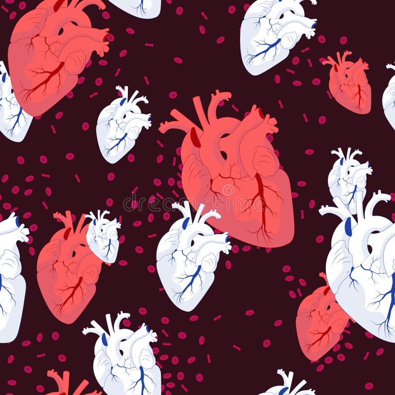 Seamless pattern of realistic white and red hearts on dark background with red blood cells. royalty free illustration