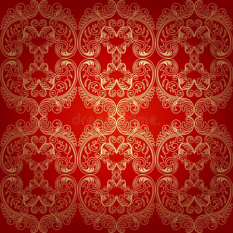 Seamless Pattern Red and Gold Damask Wallpaper. Stock Illustration