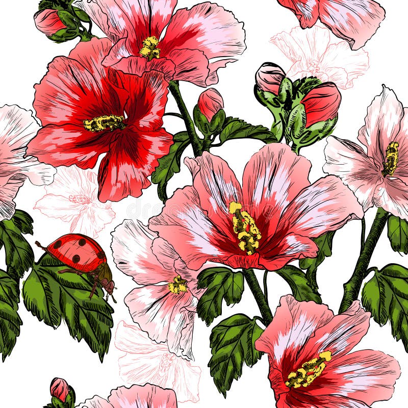 Seamless pattern with red Hibiscus flowers and ladybird stock illustration Seamless pattern with red Hibiscus flowers and ladybird stock illustration