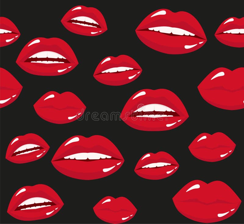 Seamless Pattern Red Lipstick Kiss on Black Background. Vector ...
