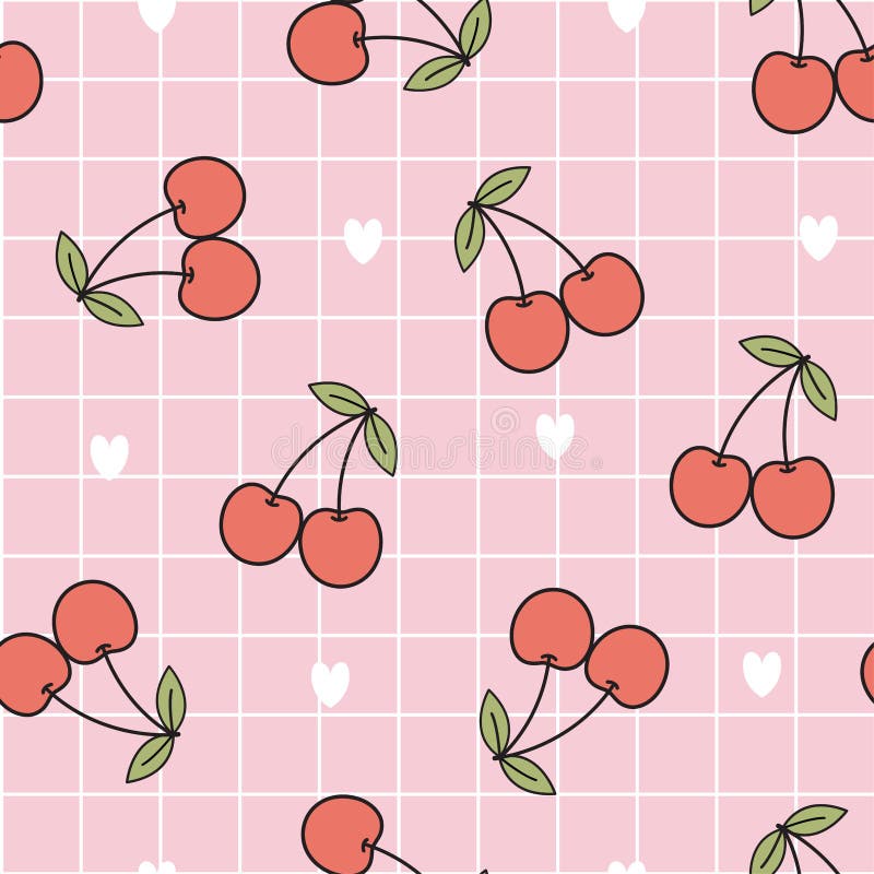 Seamless pattern red ripe cherry with square grid background hand drawn design in cartoon style.