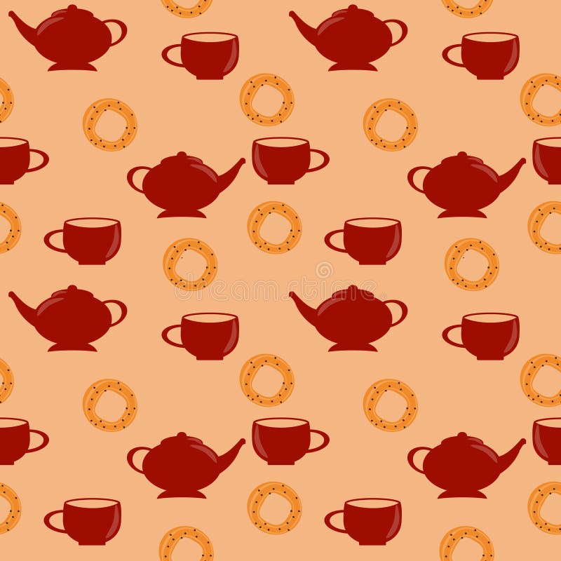 Seamless pattern with red teapot and cup and sweet pretzel