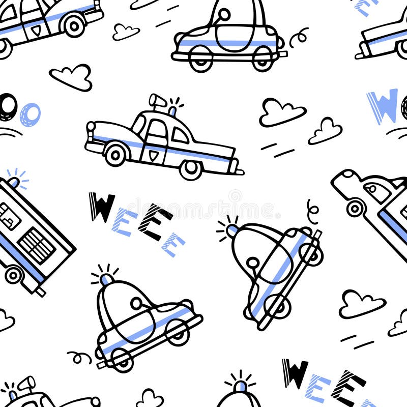 Seamless pattern of retro police cars. Vector doodle illustration for boys in scandinavian style. The police siren is