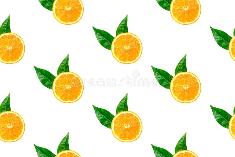 Seamless pattern from ripe juicy slices of orange with green leaves on white background. Tropical summer citrus fruits concept. Template for wallpaper textile print product surface design. Seamless pattern bright oranges stock images, royalty-free photos and pictures