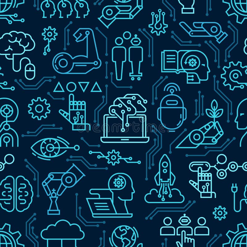 A seamless pattern of robotics icons, computers, androids, and artificial intelligence in the dark line style. Vector illustration. EPS 10. Robotics icons vectors