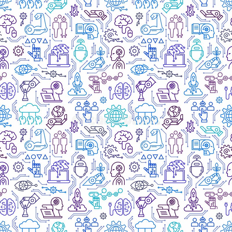 A seamless pattern of robotics icons, computers, androids, and artificial intelligence. Vector illustration. EPS 10. Robotics icons vectors