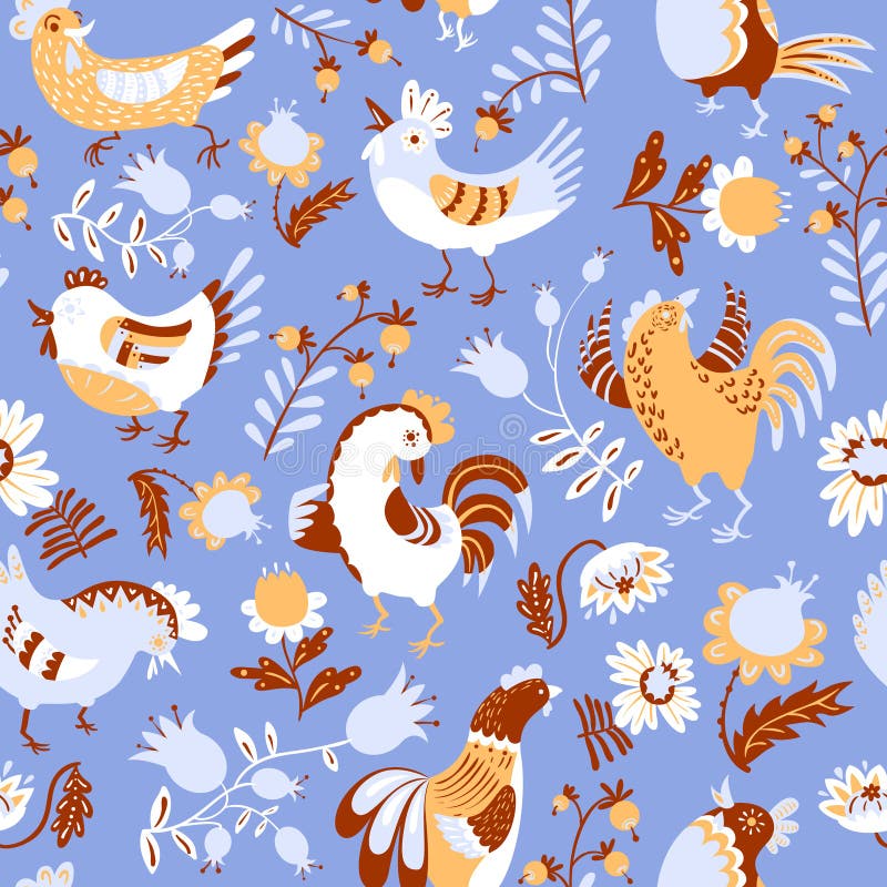 Seamless pattern with roosters. Cute decorative floral background with hen and chicken in ethnic colorfil style.