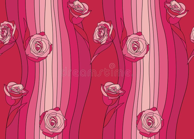 Seamless pattern with roses on a background of wavy stripes, a gradient from pink to burgundy with thin black lines between it. Vector illustration with repeating floral print