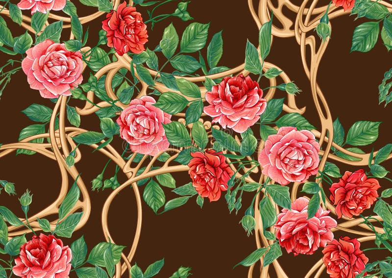 Vintage roses in a decorative imitation of a wicker basket made of twigs seamless pattern, background in art nouveau style, old, retro style. Colored vector illustration. Vintage roses in a decorative imitation of a wicker basket made of twigs seamless pattern, background in art nouveau style, old, retro style. Colored vector illustration