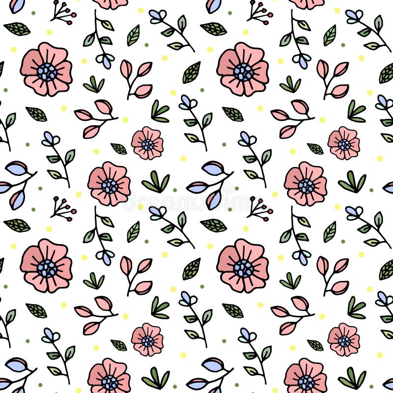 Seamless pattern with rustic style flowers. pink flowers, green leaves. Creative spring floral texture