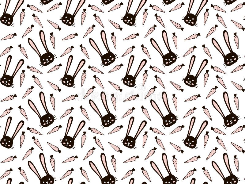 Seamless pattern in the Scandinavian style of black heads of a hare with rosy cheeks and pink carrots on a white background.