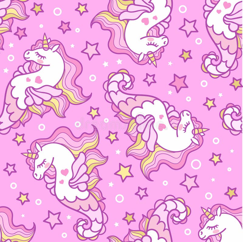 Seamless Pattern With Sea Horses On A Pink Background Unicorn Vector