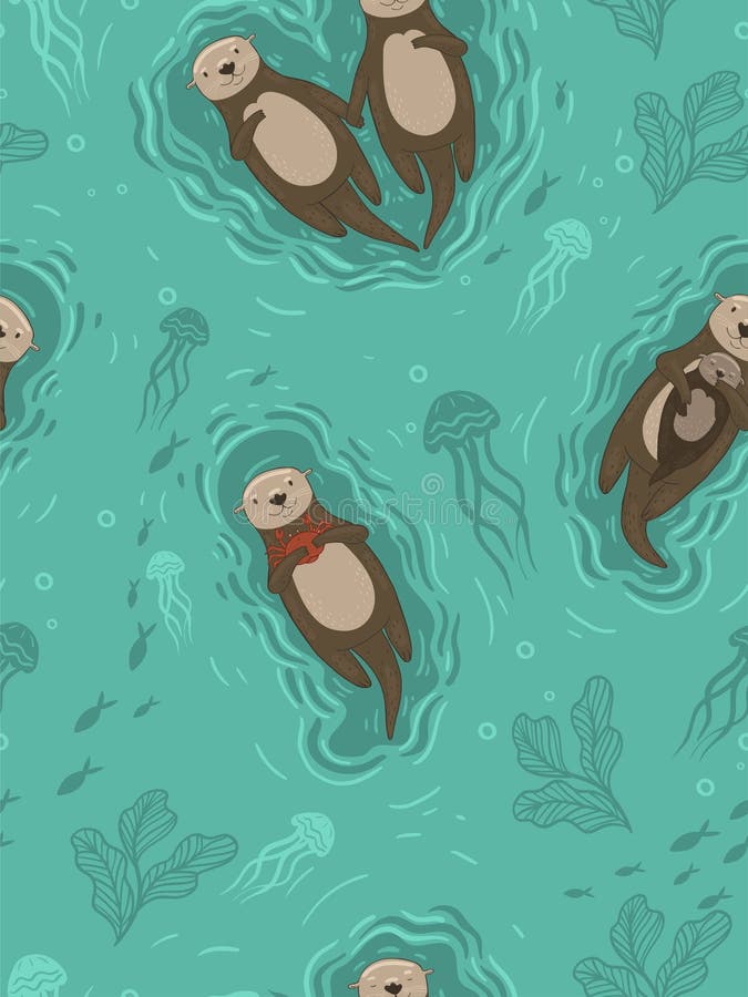 Seamless pattern with sea otters. Vector graphics