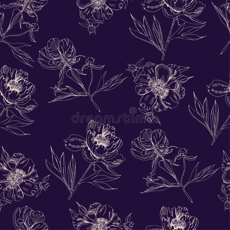 Seamless pattern with sepia silhouettes of flowers of peony. Hand drawn ink and inverted sketch. Objects on dark blue background stock illustration Seamless pattern with sepia silhouettes of flowers of peony. Hand drawn ink and inverted sketch. Objects on dark blue background stock illustration