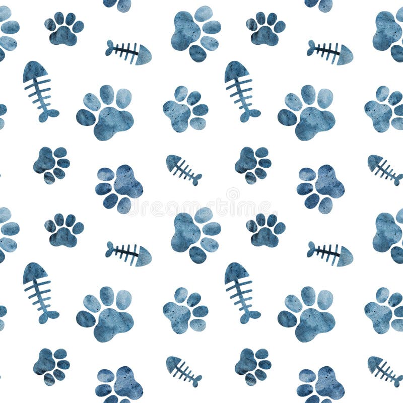 Seamless pattern with silhouettes of watercolor cat paws and fish bones