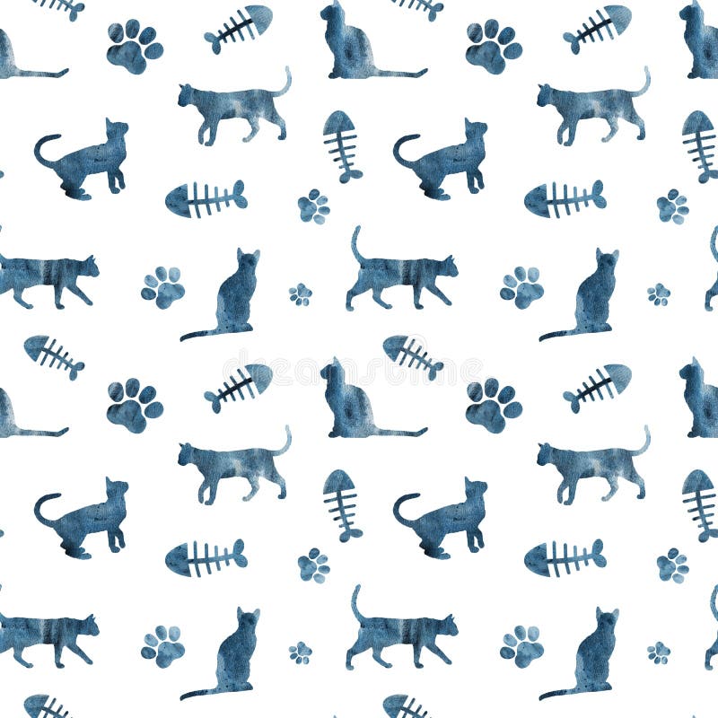 Seamless pattern with silhouettes of watercolor cats, fish bones and cat paws