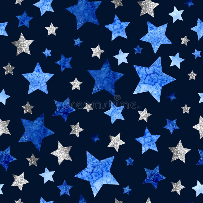 Seamless Pattern with Silver Glitter and Watercolor Stars on Blue ...
