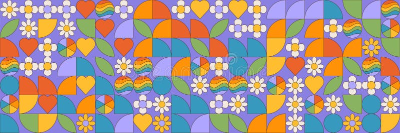 Seamless pattern with simple geometric minimalistic abstract shapes and figures in lgbt flag colors. Mosaic texture in stock illustration
