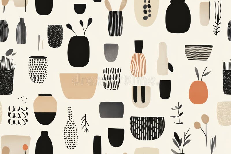 A seamless pattern of simple shapes and clean lines in neutral tones, capturing the essence